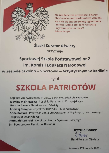 Uroczystość podsumowania Wojewódzkiego Projektu Szkoła Patriotów