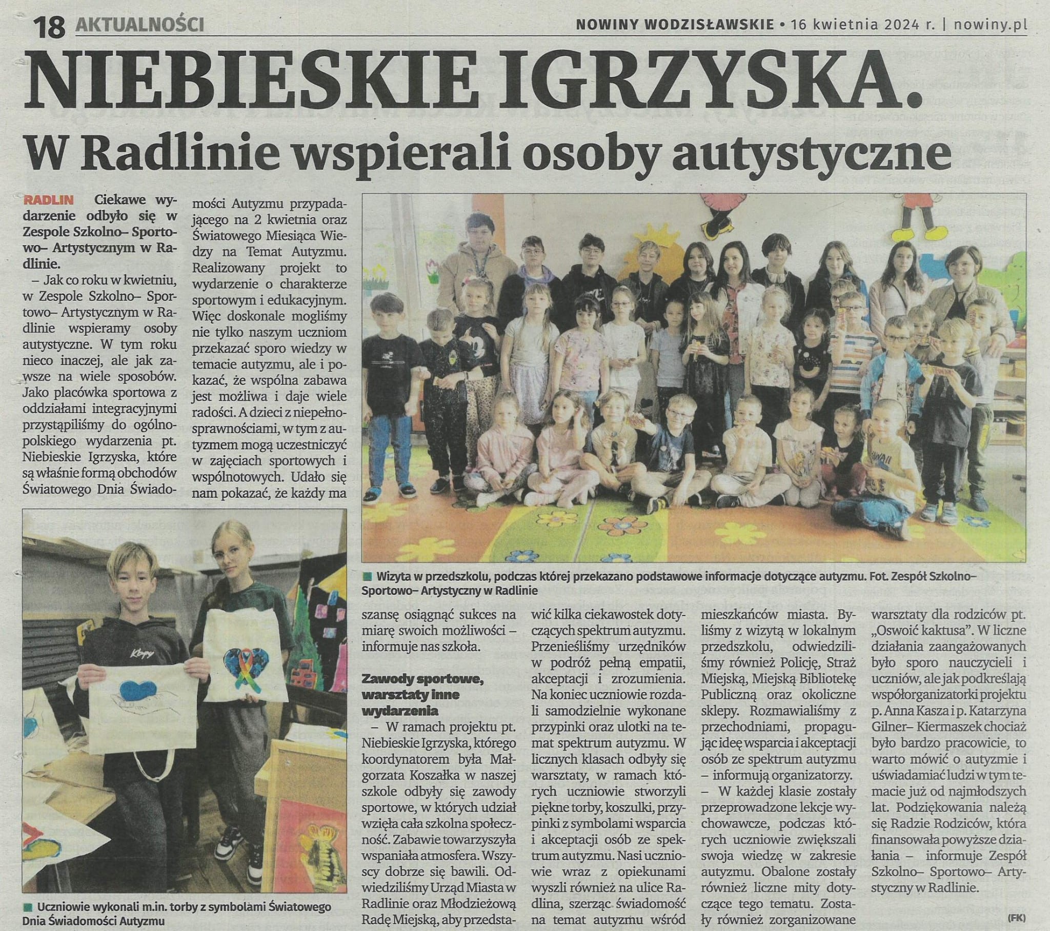 Artykuł w Nowinach Wodzisławskich podsumowujący projekt ''Niebieskie Igrzyska''