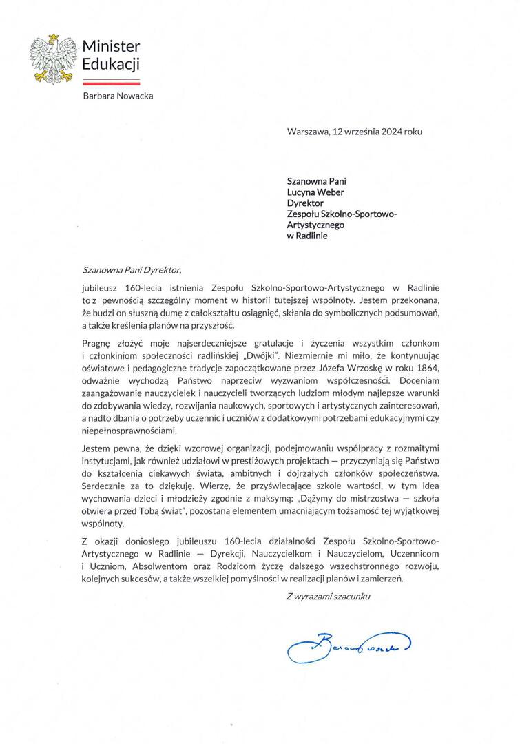 Życzenia Pani Minister Edukacji Barbary Nowackiej