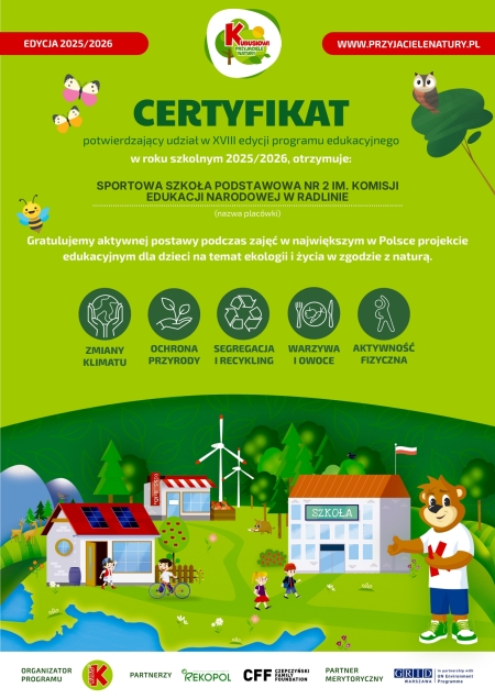 Certyfikat potwierdzający udział w Programie „Kubusiowi Przyjaciele Natury”